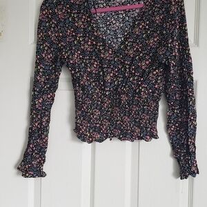 Paper Crane Black and Pink Ruffled Long Sleeve Blouse